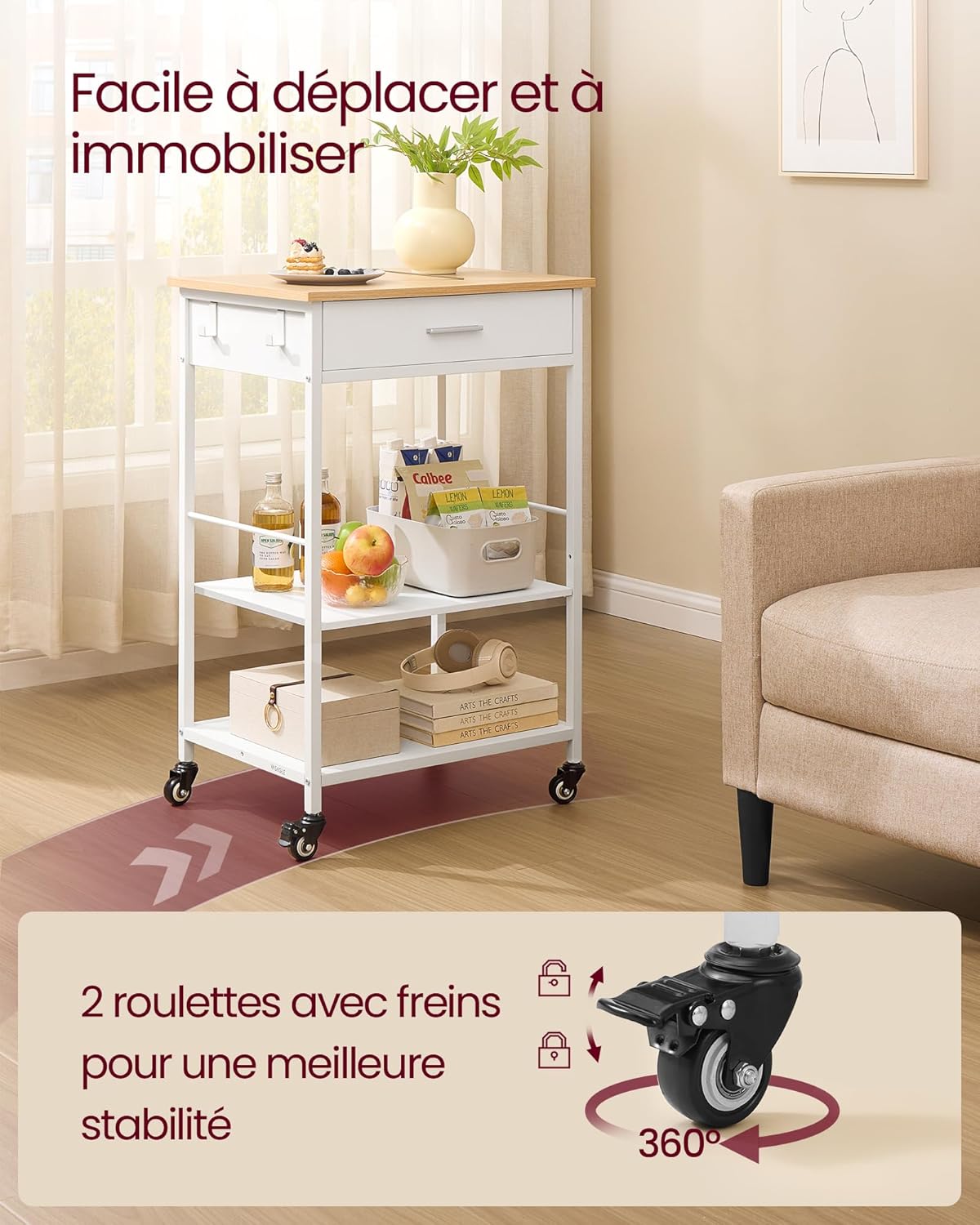 VASAGLE - îlot cuisine mobile, 45x60x90 cm, tiroir, crochets, KKI007Y01