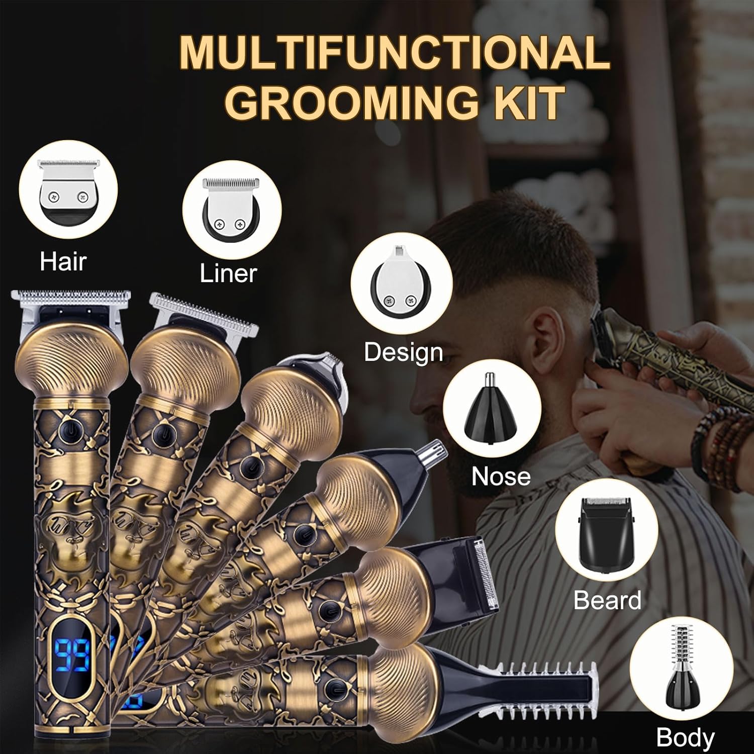 Tondeuse barbe homme – sans fil, rechargeable, lame en T, multi-usage, kit complet, idéal famille