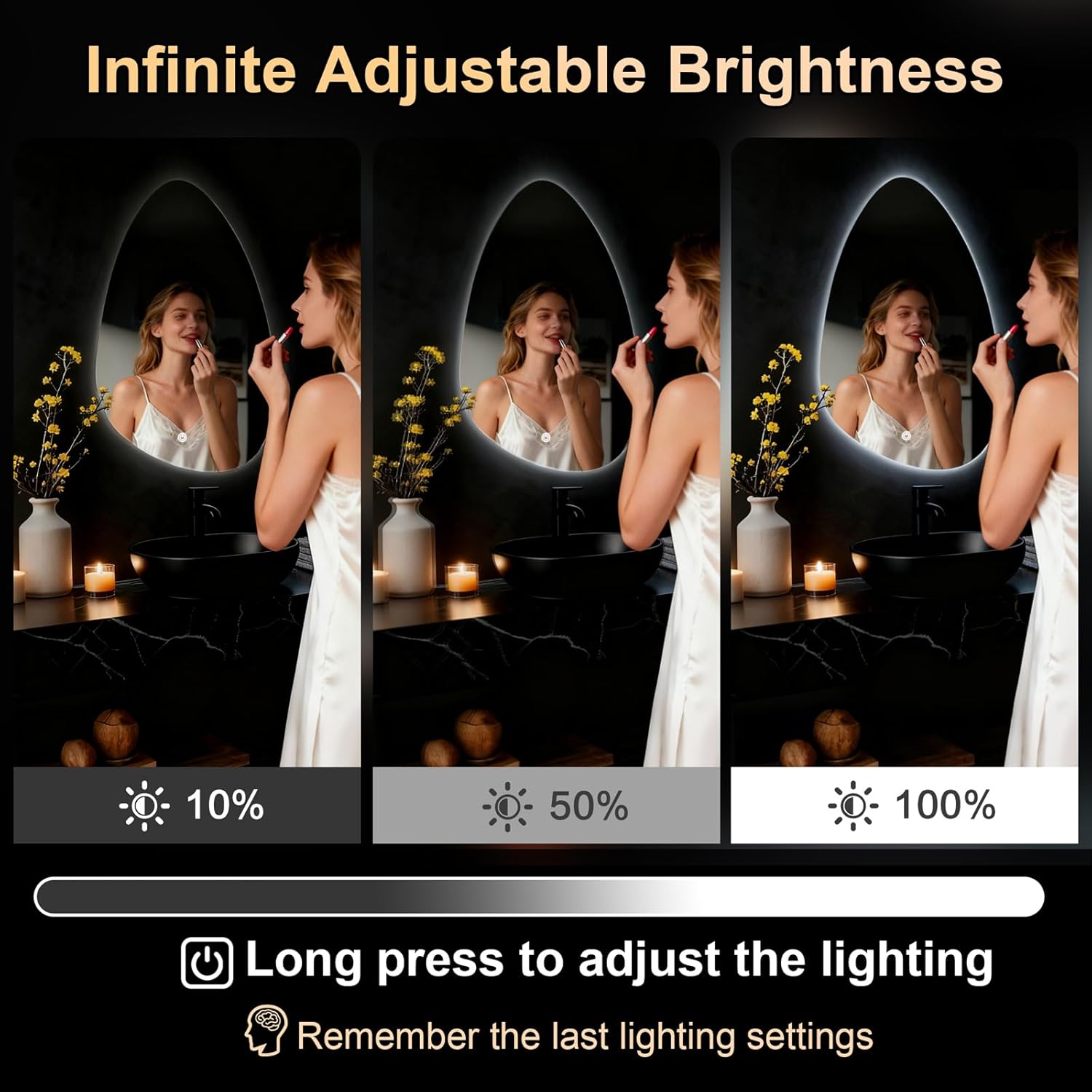 Miroir de Salle de Bain - LED, tactile, 3 couleurs, 60x40 cm