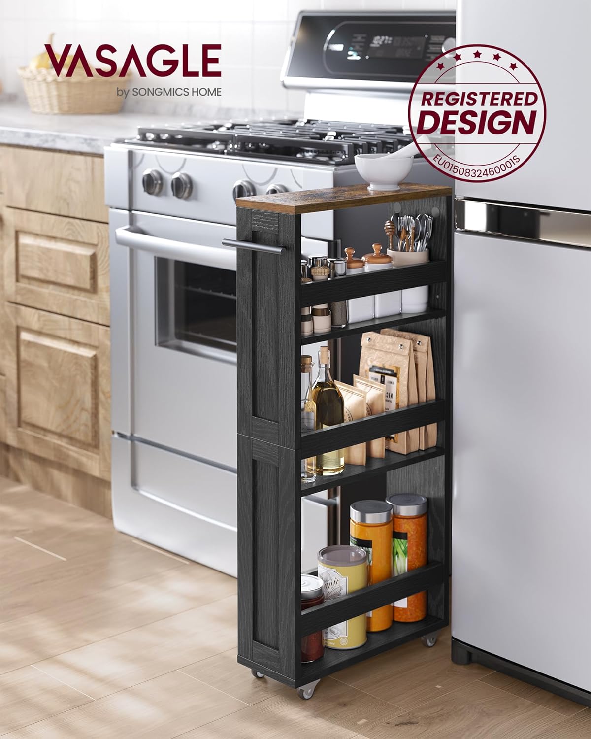 VASAGLE - chariot de rangement, 4 niveaux, 15x43,2x86,5 cm, poignée, roulettes, LRC050K02