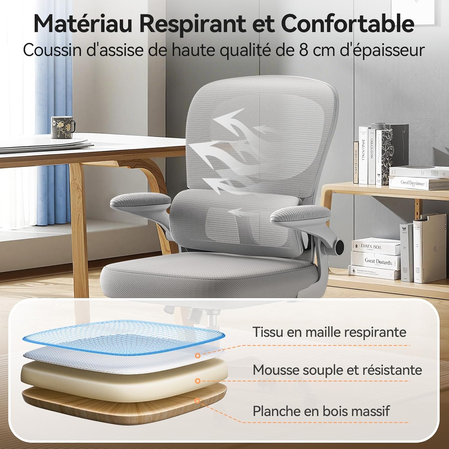 Naspaluro - chaise de bureau ergonomique, support lombaire, accoudoirs réversibles, maille respirante, gris