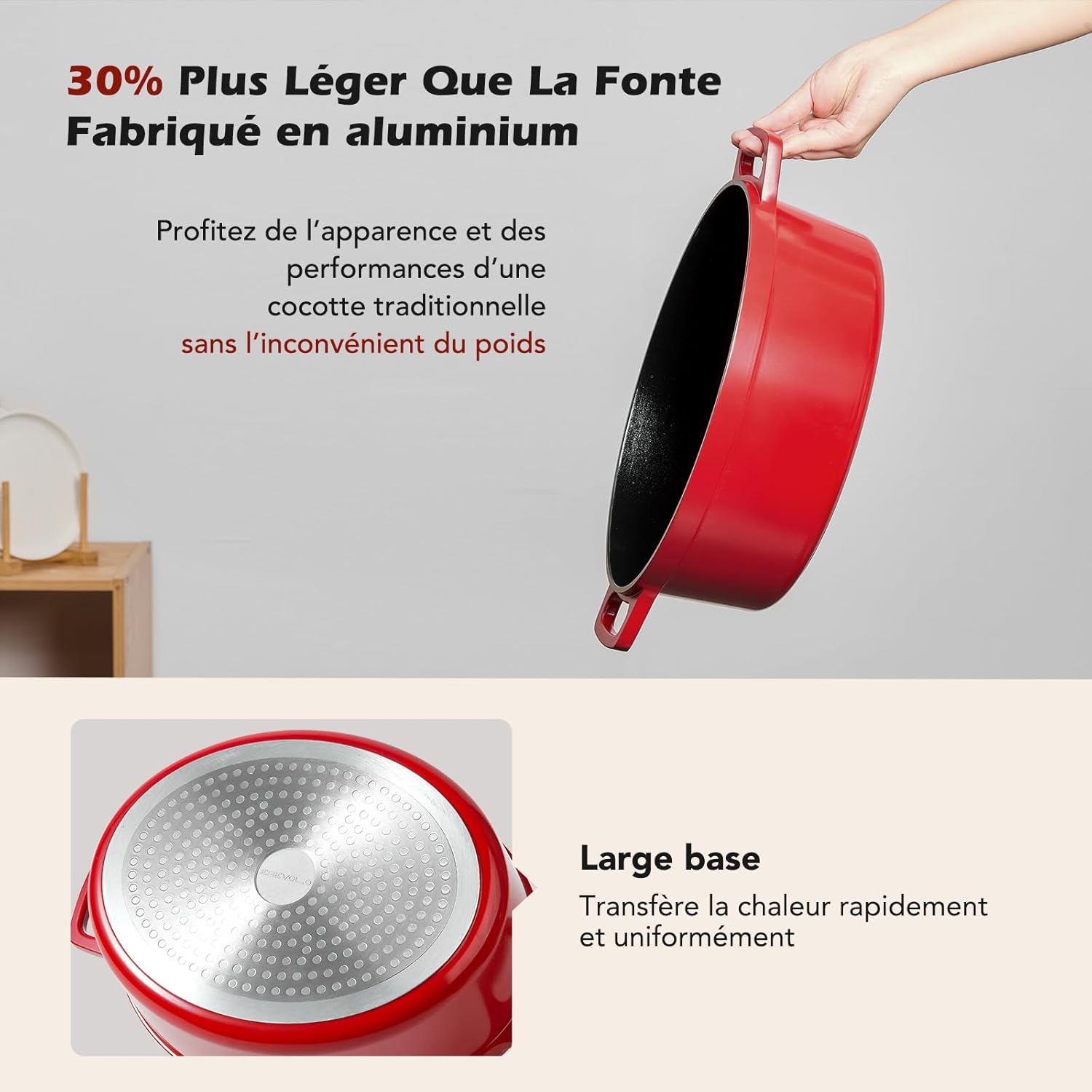 Cocotte fonte aluminium ovale 31cm 6,3L, revêtement céramique antiadhésif