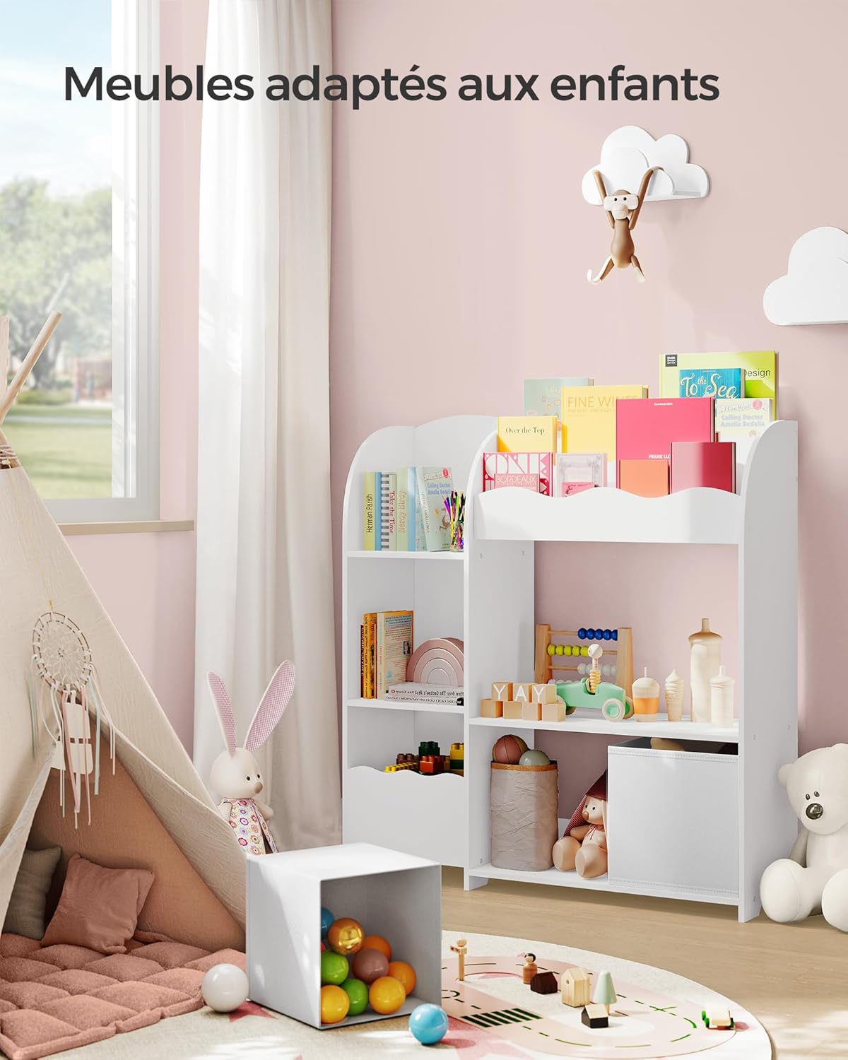 SONGMICS – Étagère enfants – 2 bacs, rangement jouets et livres, blanc nuage, GKR042W01