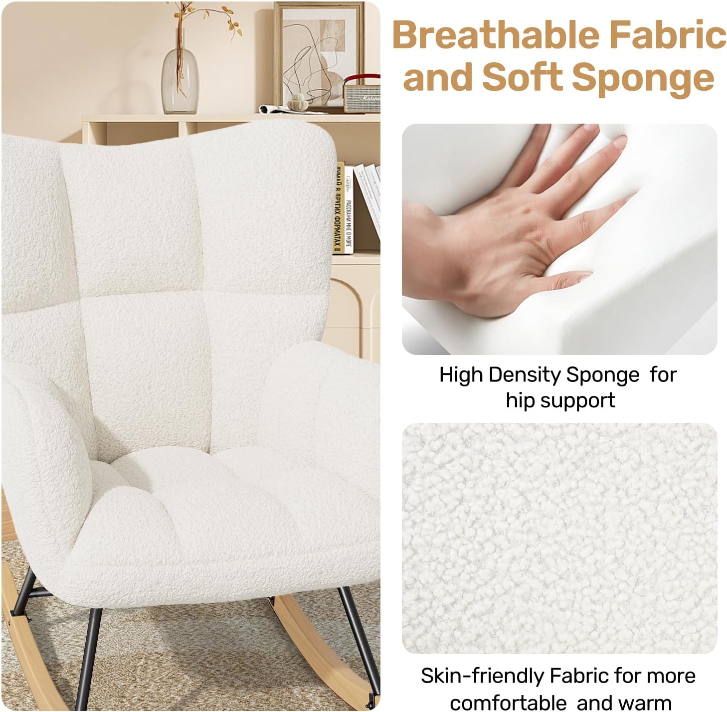 Fauteuil à bascule scandinave - velours, bois, 136kg, blanc, confort