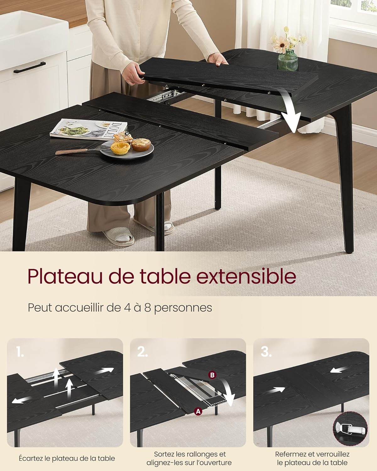VASAGLE - table extensible design épuré 120kg noir bois KDT090BA02V1