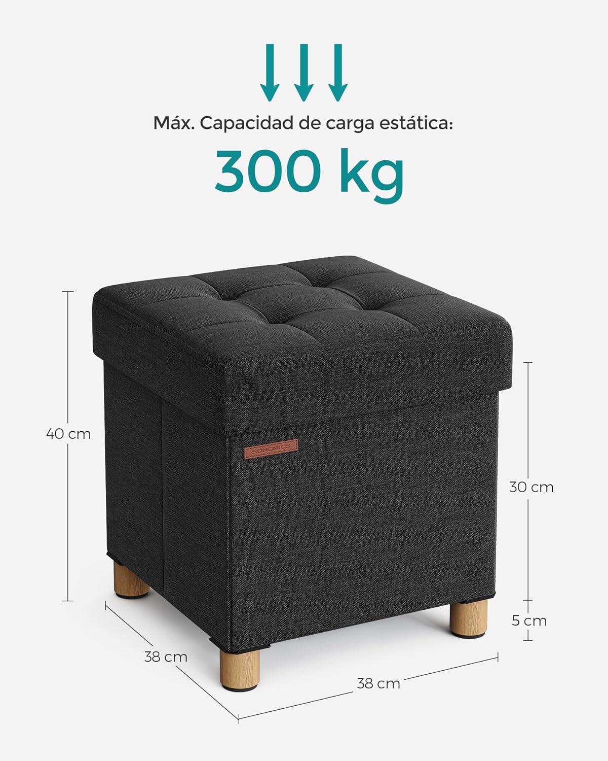 SONGMICS - Tabouret de rangement pliable 38x38x40cm, 300kg, noir, LSF014B11