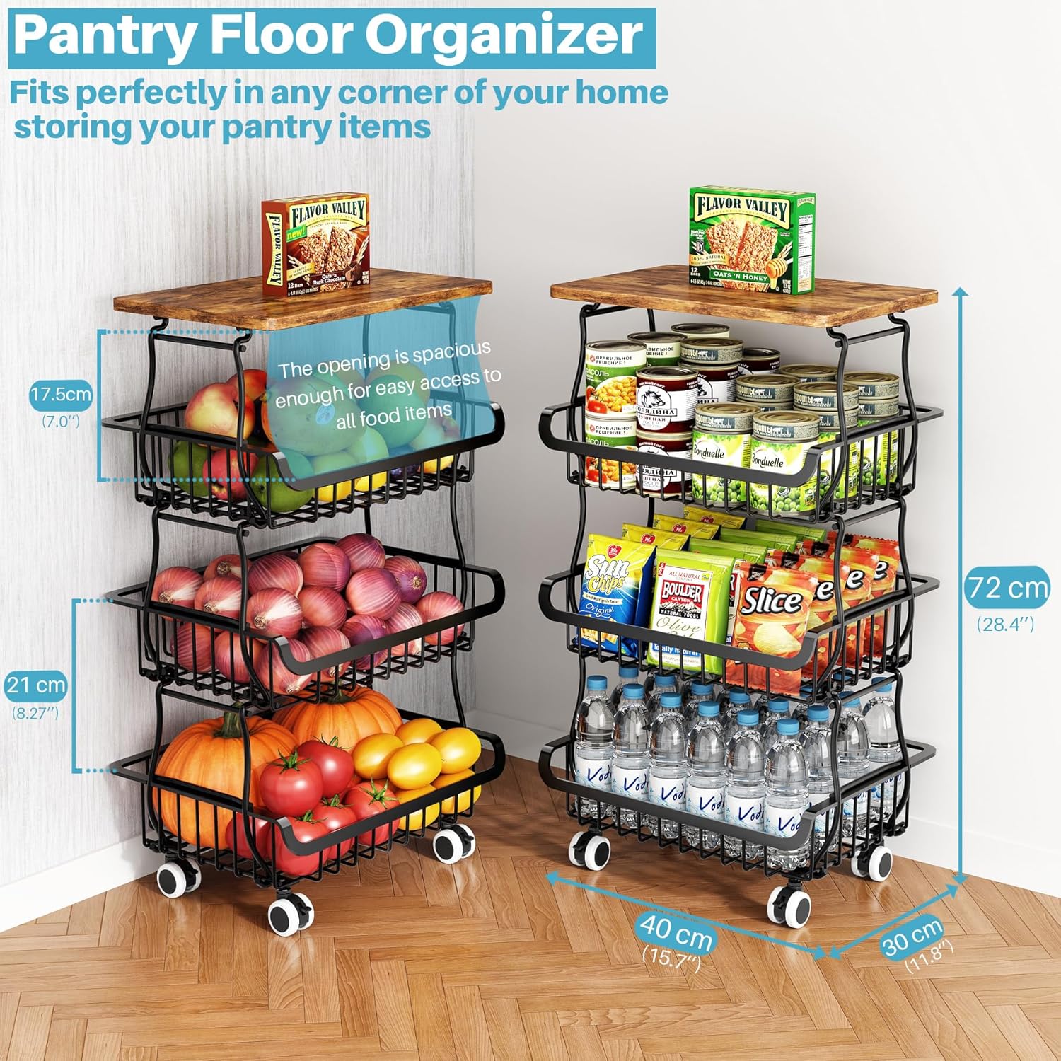 Organisateur de Garde-Manger 4 niveaux, paniers empilables, roulantes, rangement cuisine/salle de bain