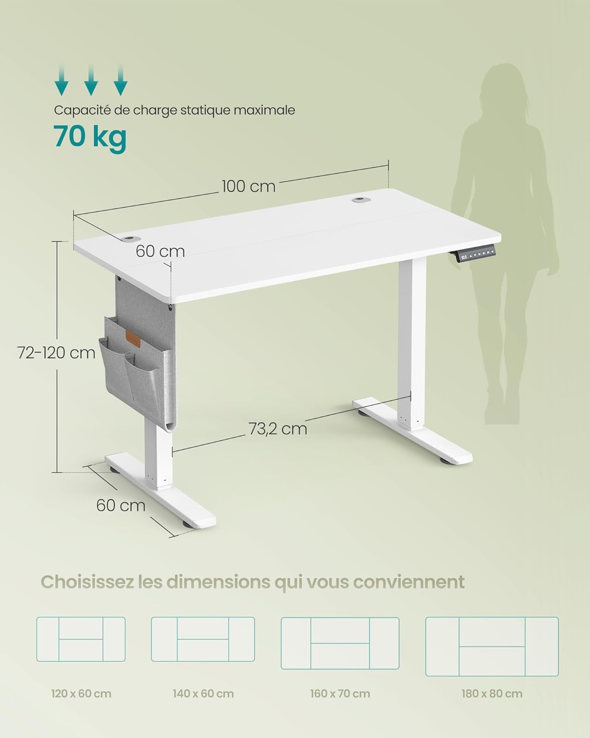 SONGMICS - bureau électrique - 100x60cm - réglable, mémoire, blanc - LSD130WZ01