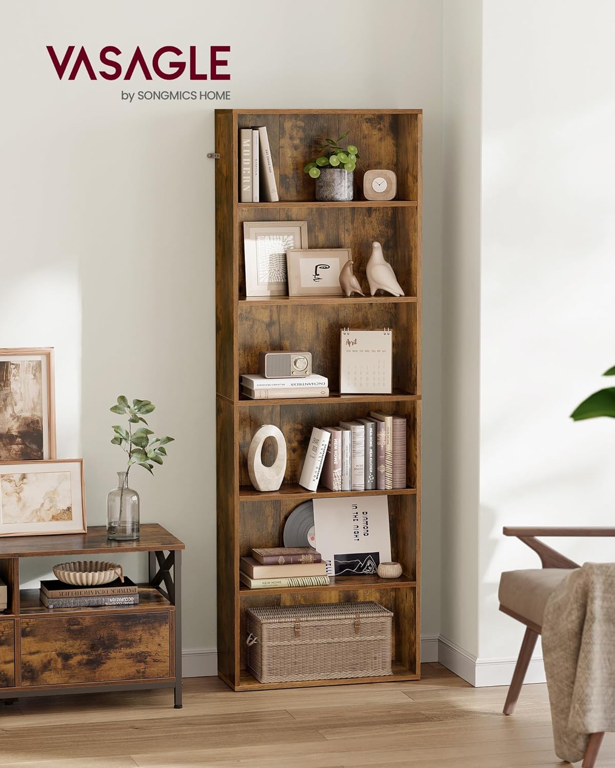 VASAGLE - bibliothèque rangement 6 niveaux - 24x60x178.5 cm - marron rustique LBC169K01