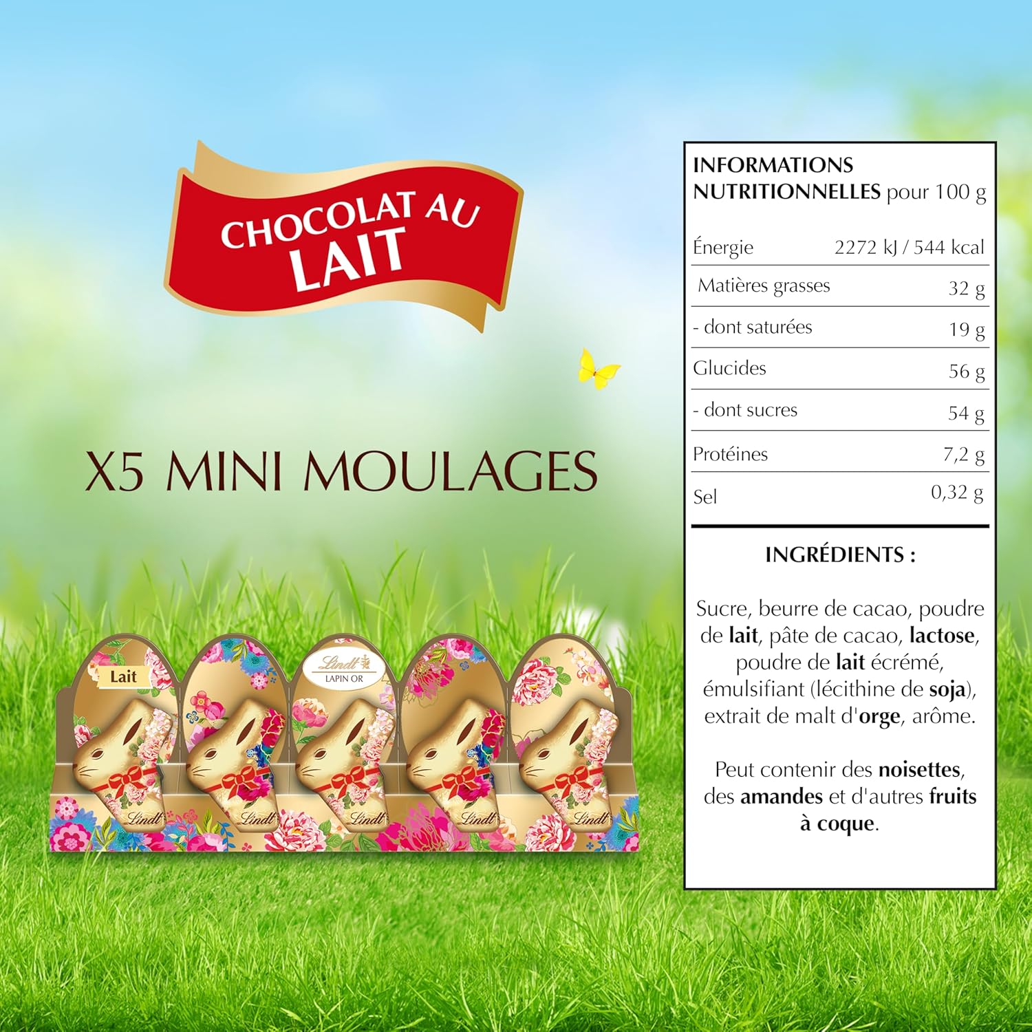 Lindt - Mini-moulages Lapin Or Fleurs - 5x10g - Chocolat au lait, idéal Pâques