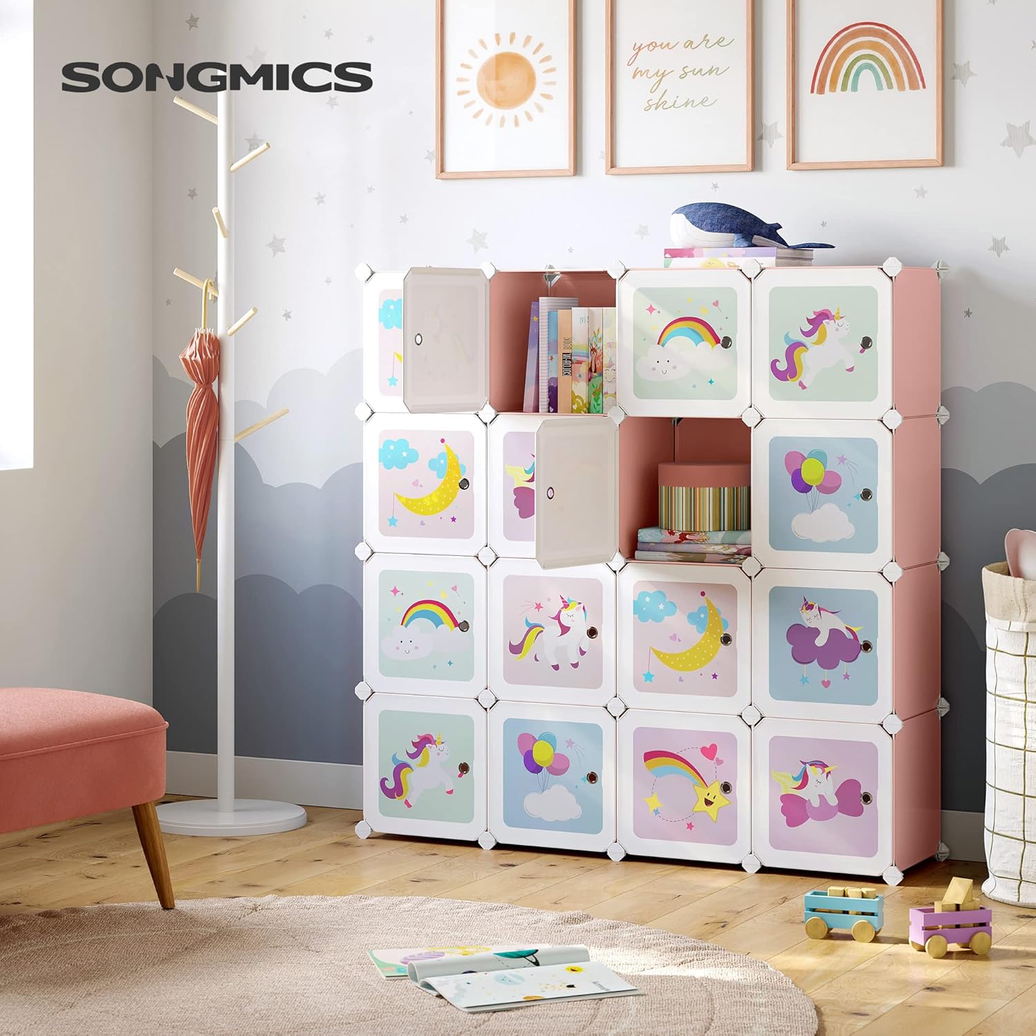 SONGMICS - meuble rangement enfant modulable 16 cubes, 123x31x123cm, rose LPC906P01