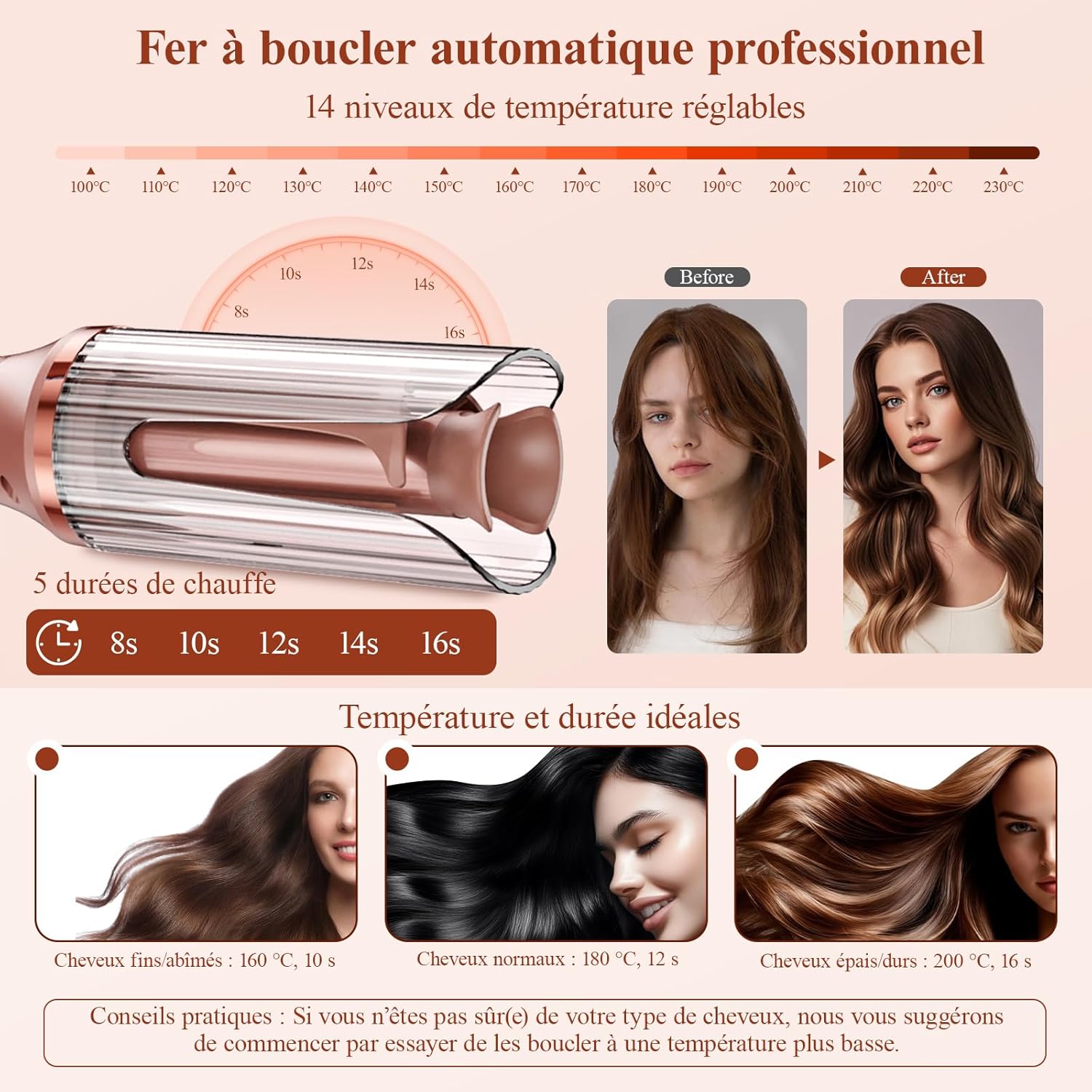 Boucleur à cheveux - automatique 25mm, 14 températures, écran LED