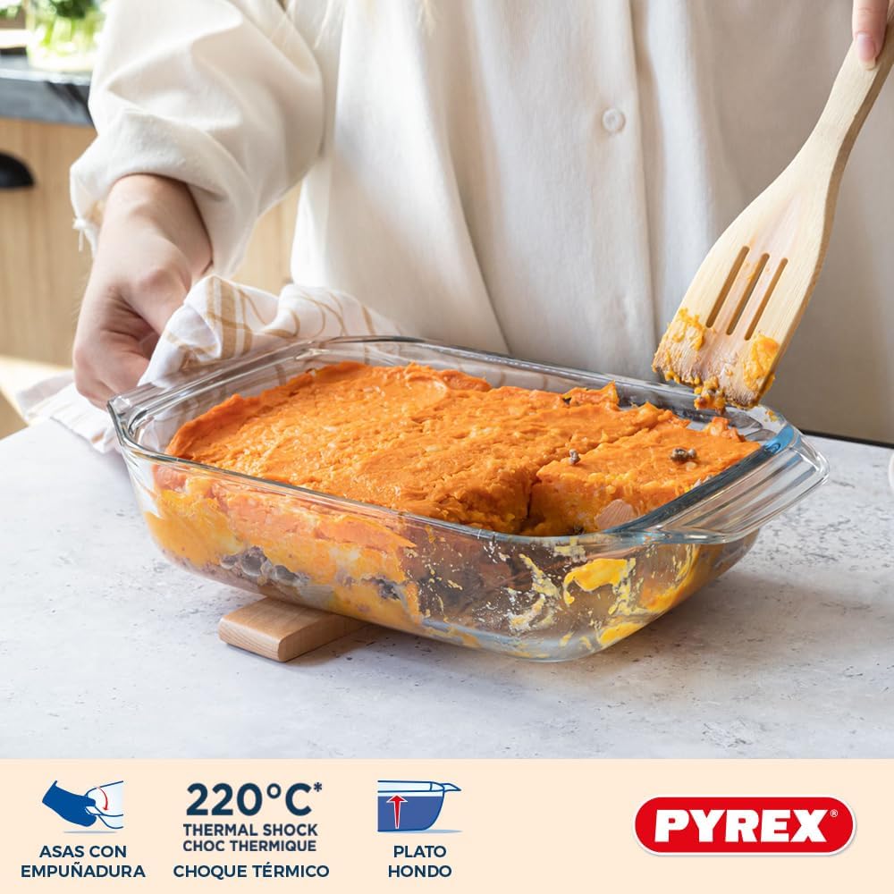 Pyrex - Lot de 3 plats rectangulaires - 3 tailles - verre borosilicate, poignées larges, compatible lave-vaisselle