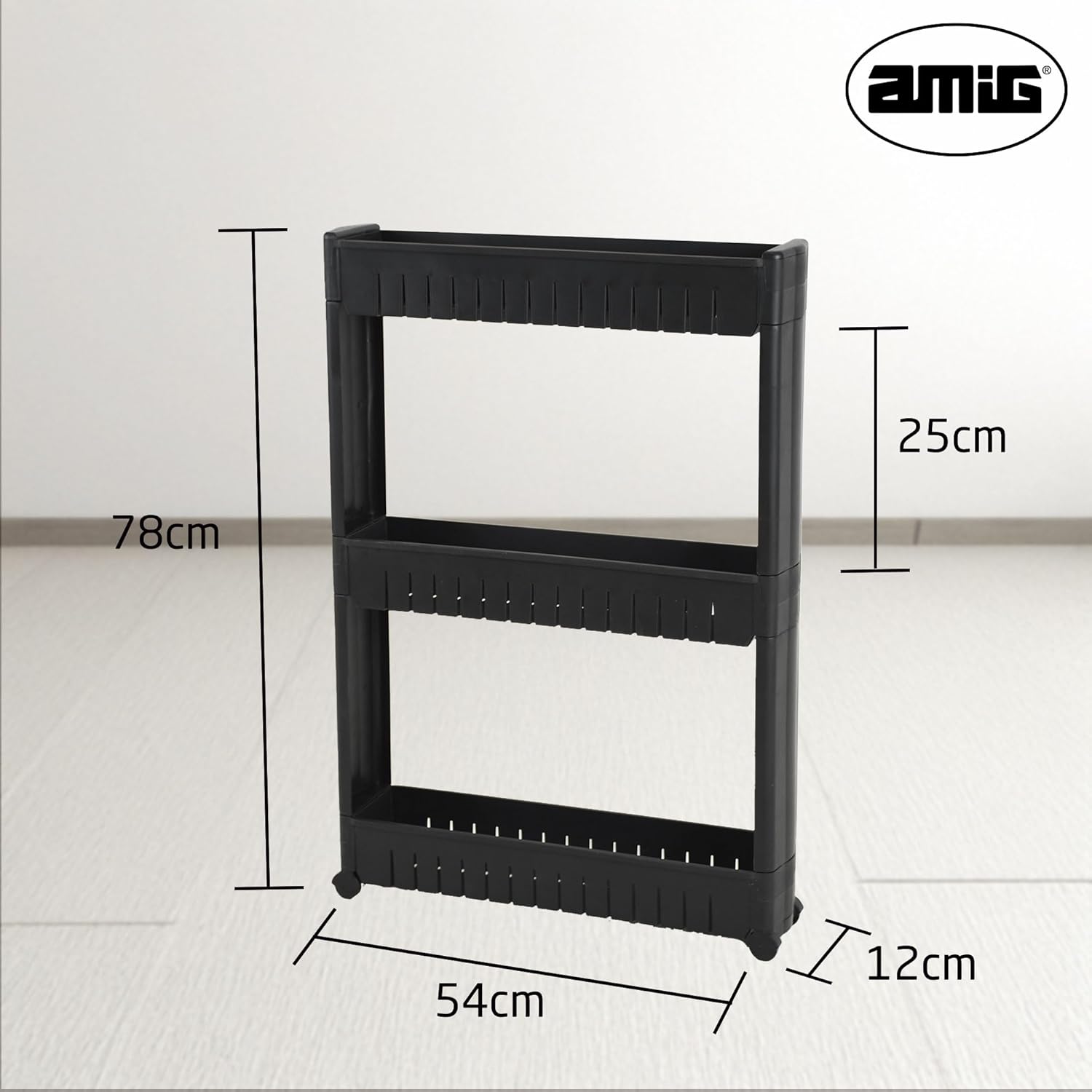 Amig - Böken - 54x12x78 cm - Chariot 3 niveaux, roulettes, noir