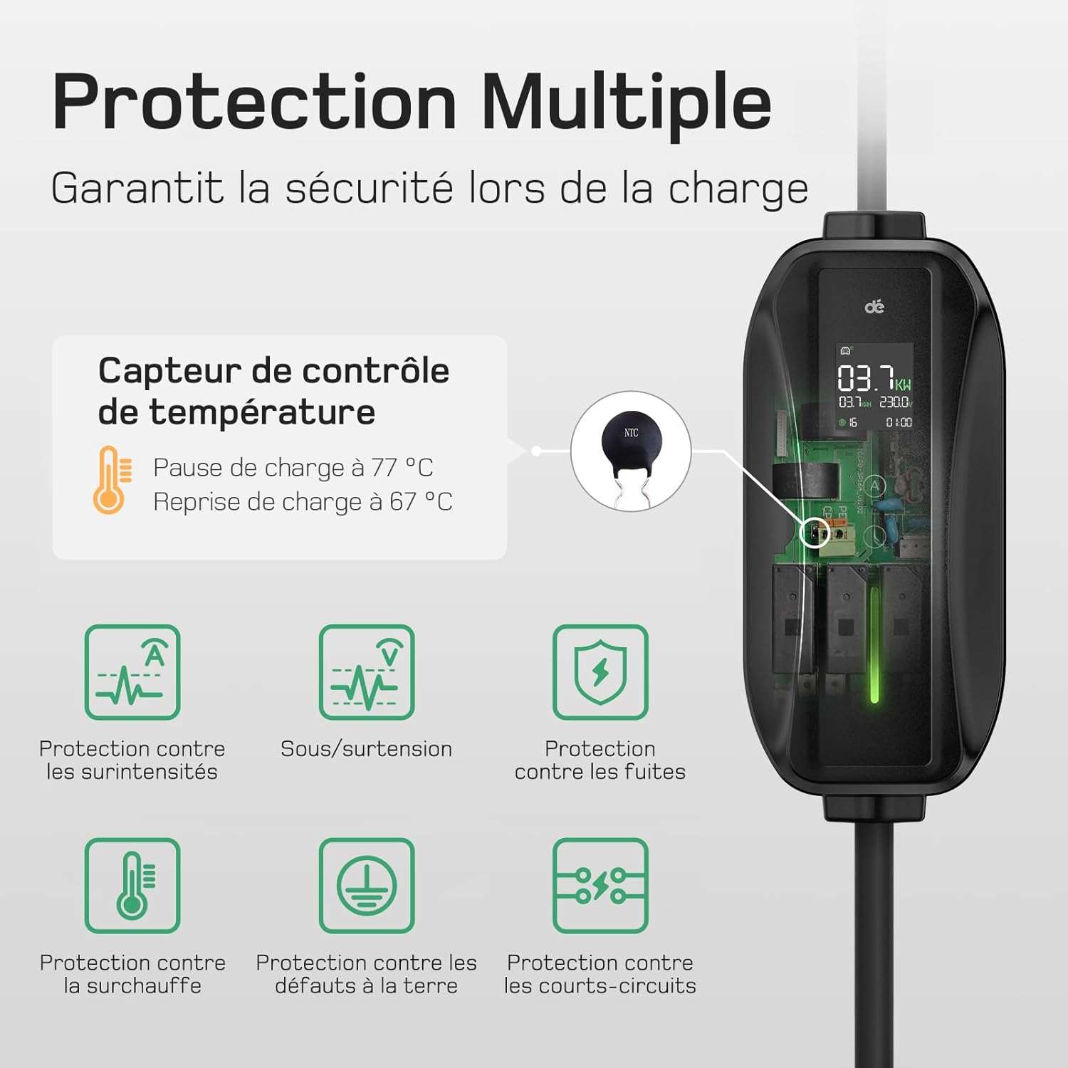 Chargeur voiture électrique - 3,68kW, 6m - Type 2, 16A, écran numérique