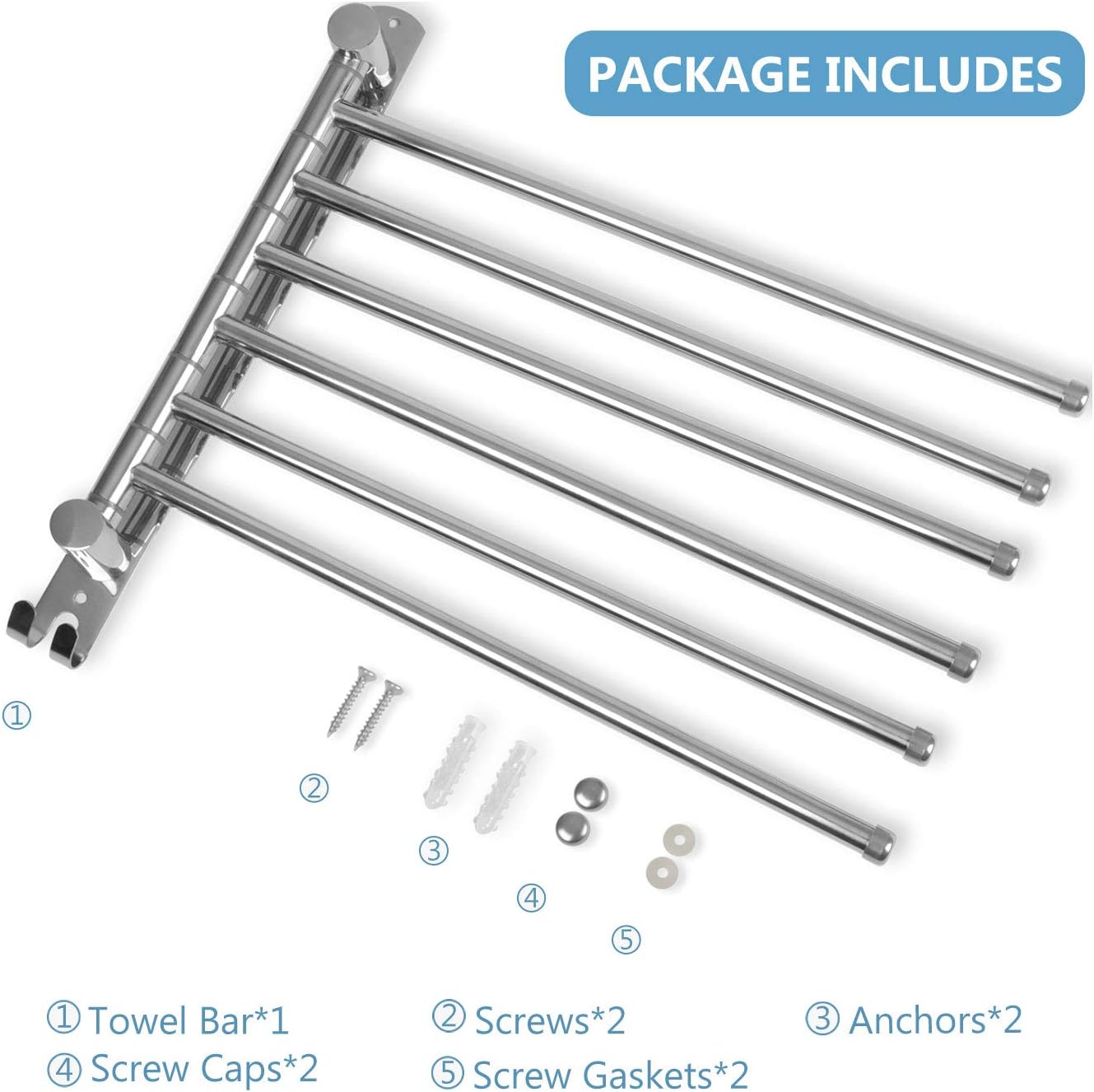 JSVER - porte-serviettes rotatif 6 barres inox 180° -  SUS304, mural