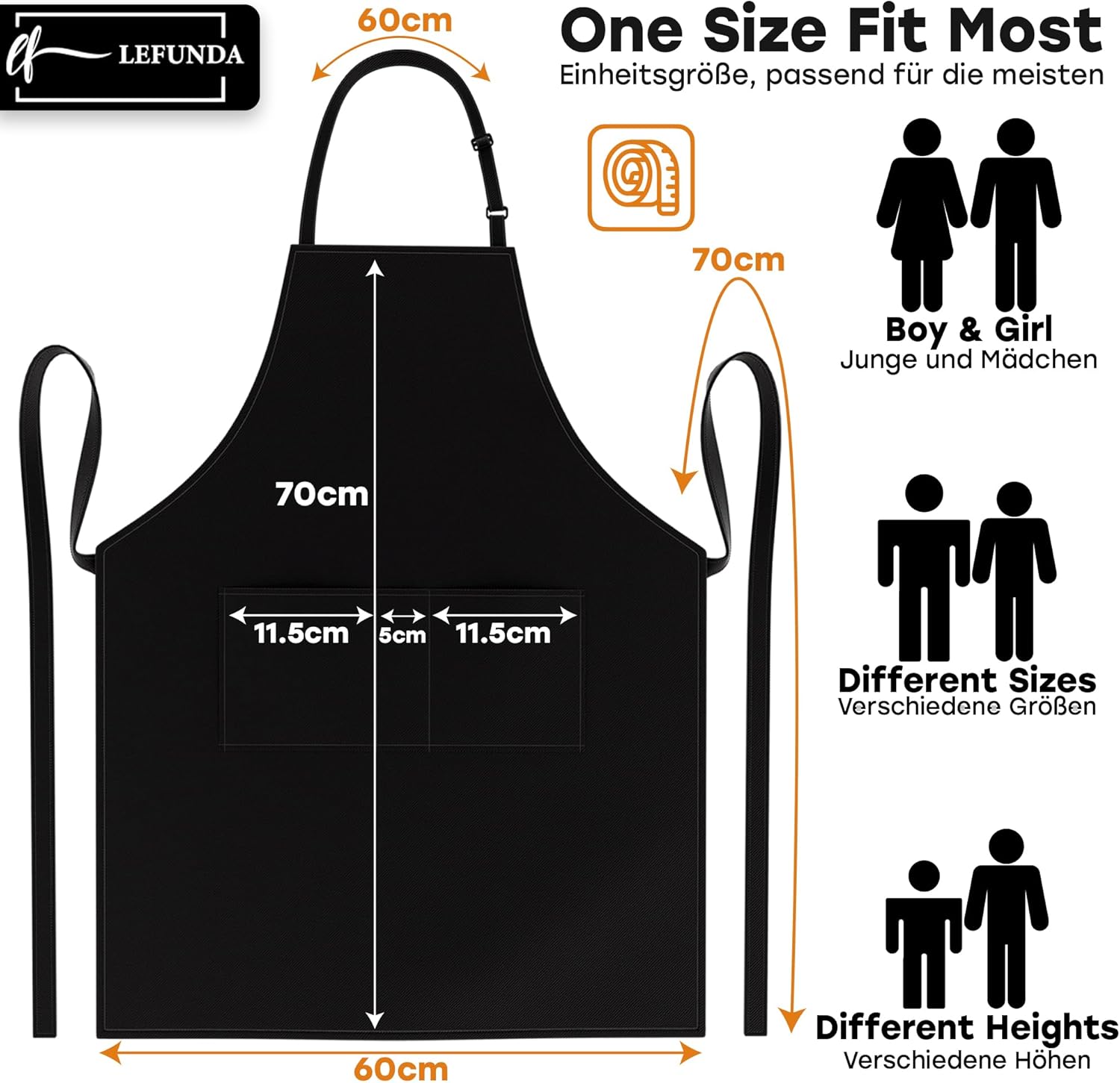 LEFUNDA - tablier cuisine étanche 3 poches, réglable longues lanières