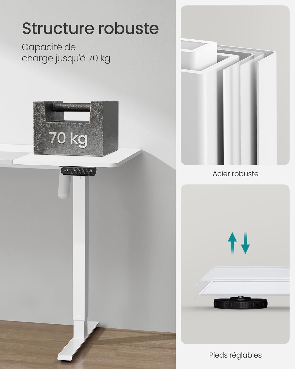 SONGMICS - Bureau électrique assis-debout - 140x60 cm - Hauteur réglable, mémoire 4 positions, blanc/gris - LSD016W02