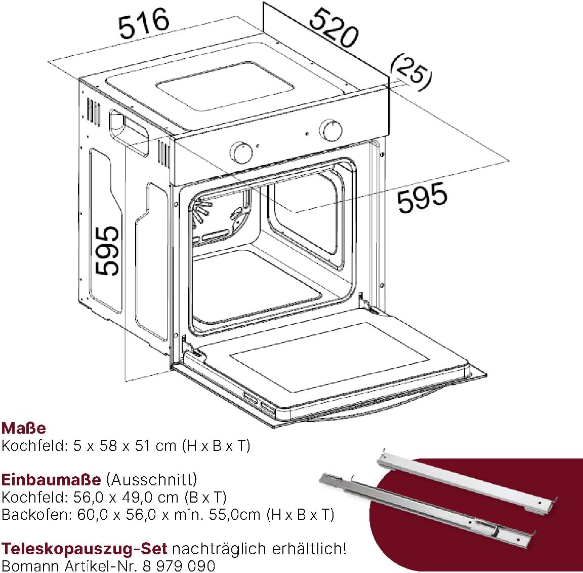 Bomann - cuisinière encastrable induction, 56L, 9 fonctions, EHBC7937