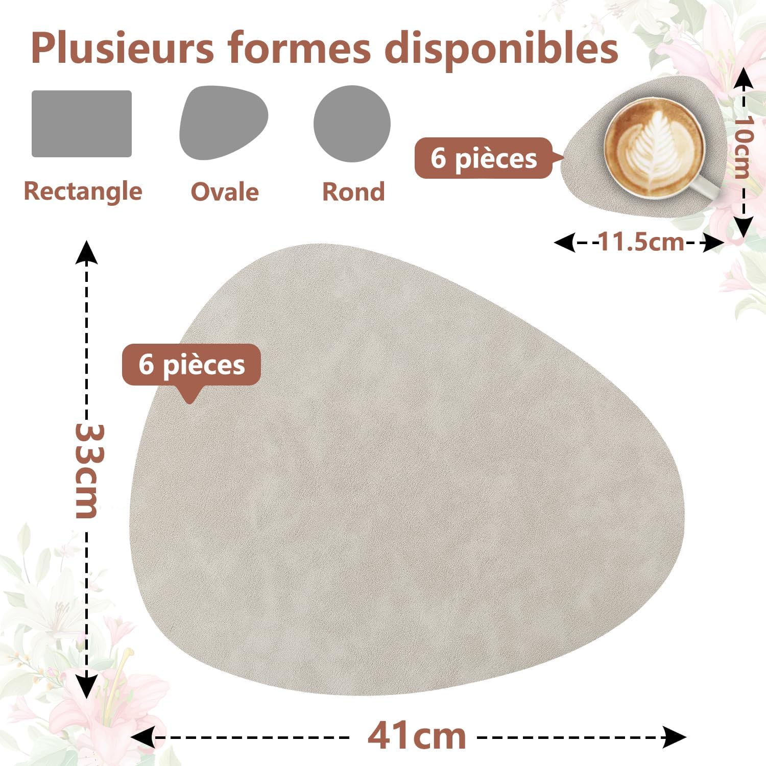 Set de table - lot de 6 ovale 41x33cm - lavable et antidérapant PU