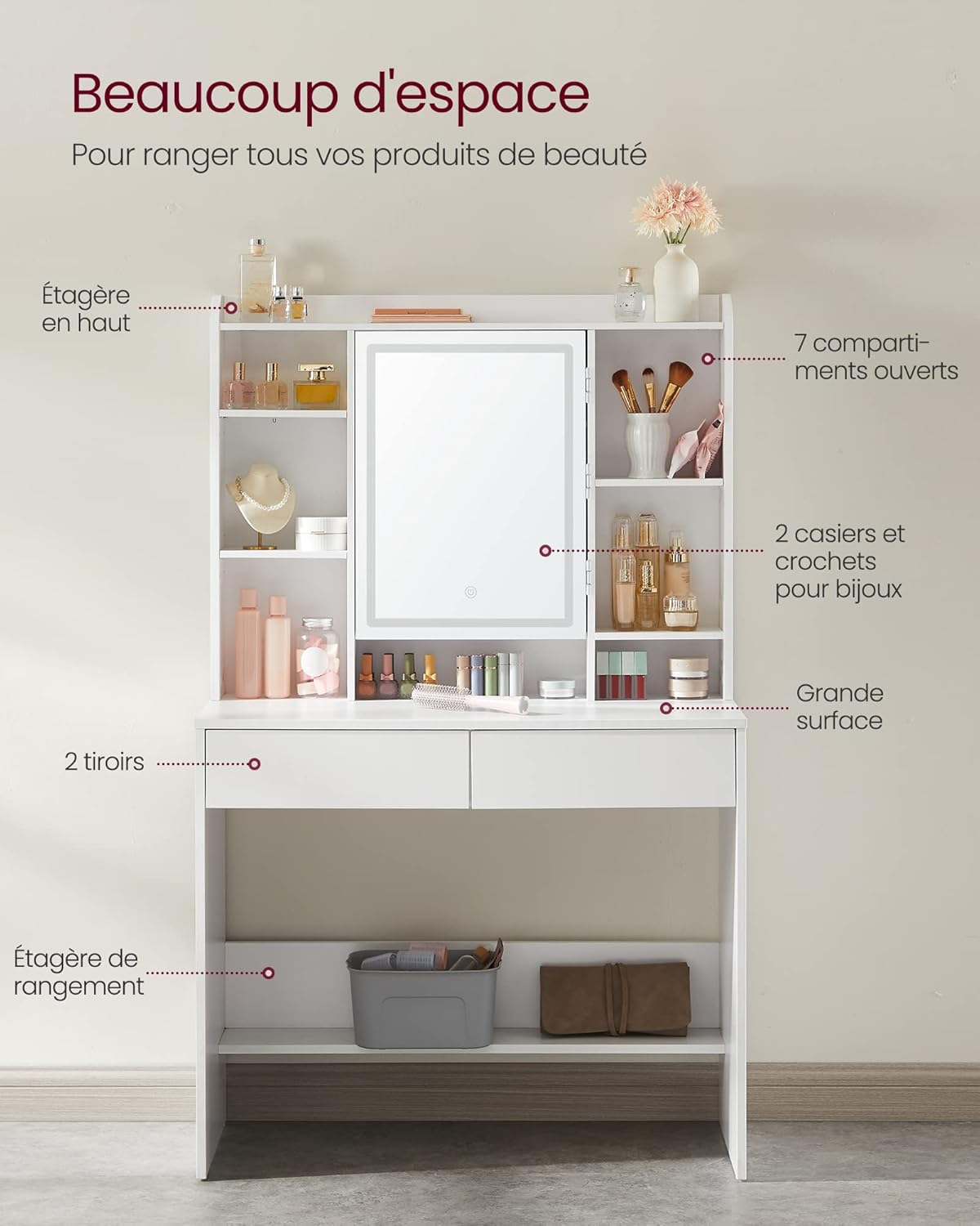 VASAGLE - Kailyn Collection coiffeuse LED, 3 couleurs, étagère réglable, 2 tiroirs, blanc, RDT123T14