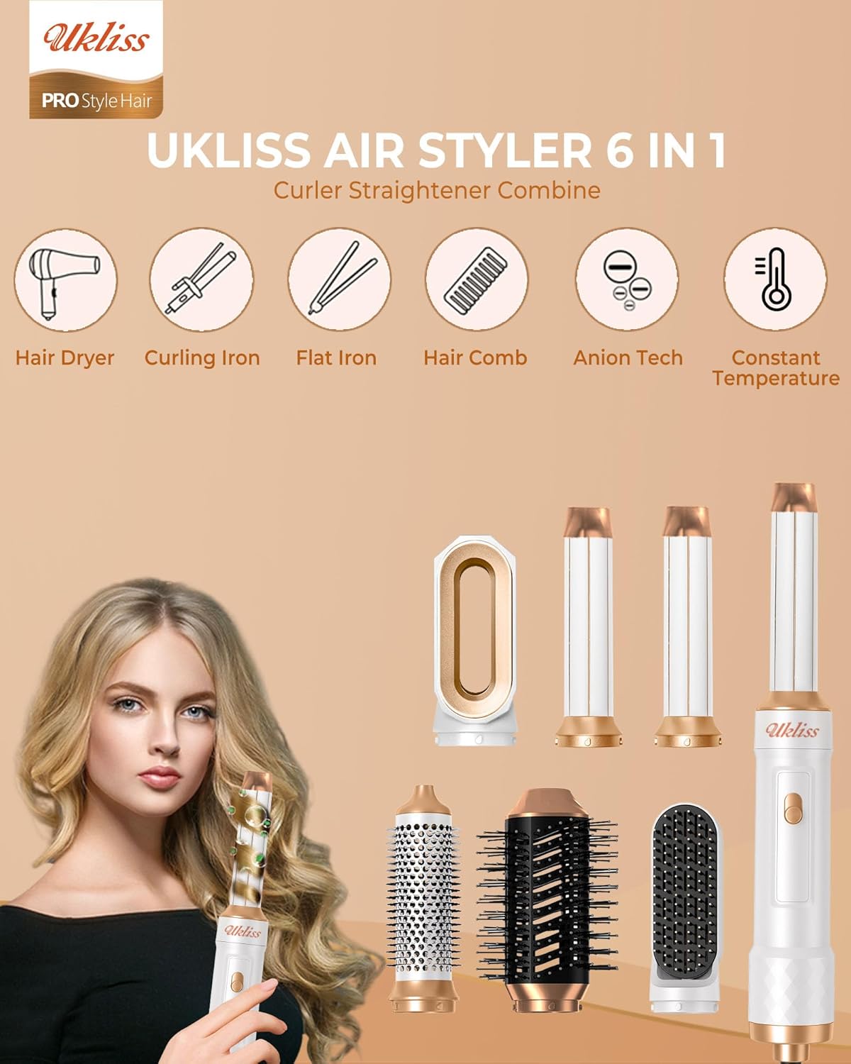 UKLISS - Air Styler Pro - 1000W - 6 en 1 airbrush, bouclage, lissage
