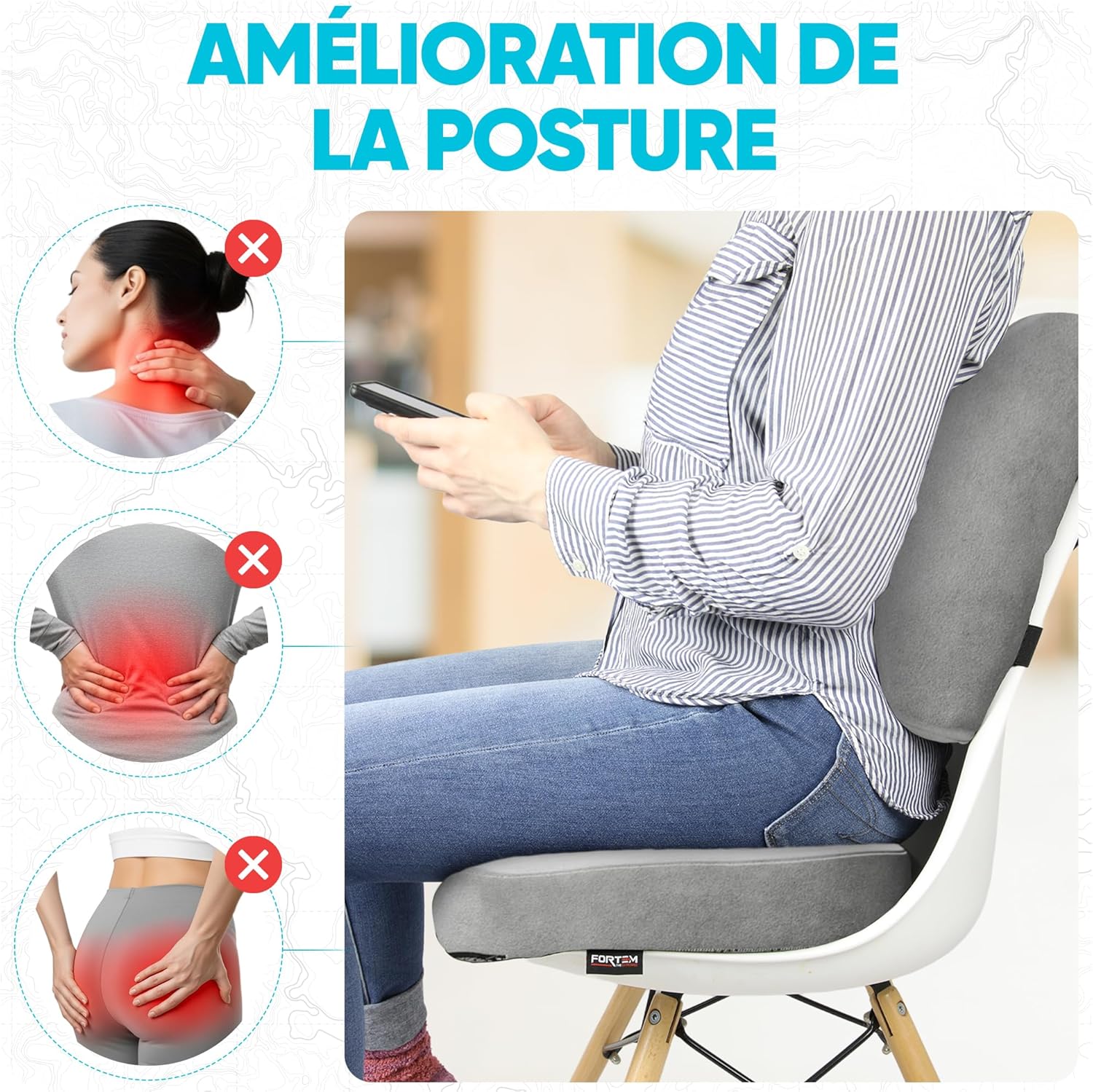 FORTEM - coussin lombaire/assise mémoire forme - soutien dos - antidérapant