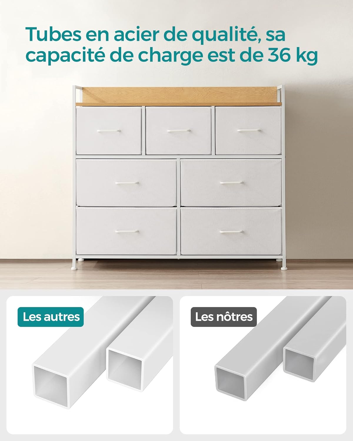 SONGMICS - commode 7 tiroirs tissu, métal, blanc/beige, style moderne, LTS523W57