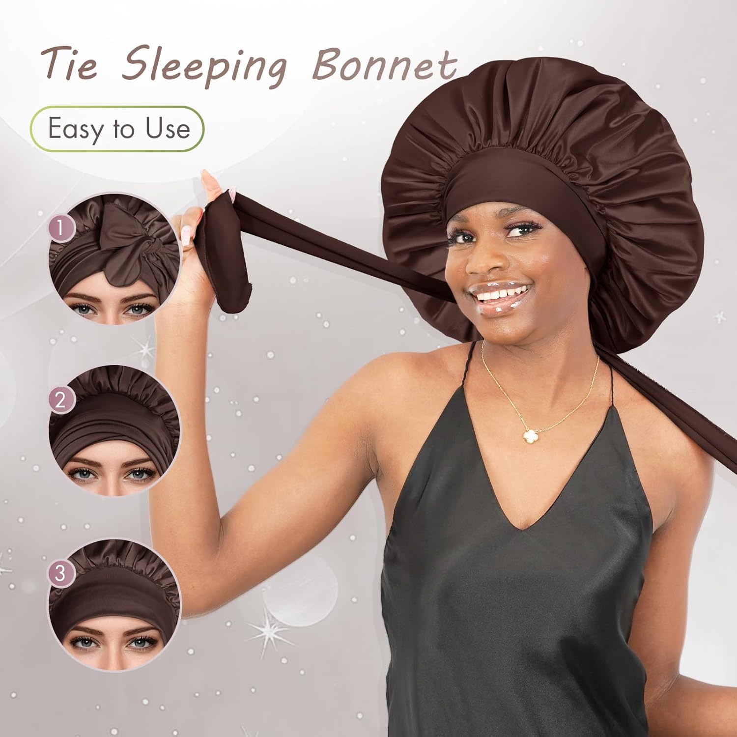 BONNET QUEEN - bonnet satin ajustable, grand, long élastique, chocolat