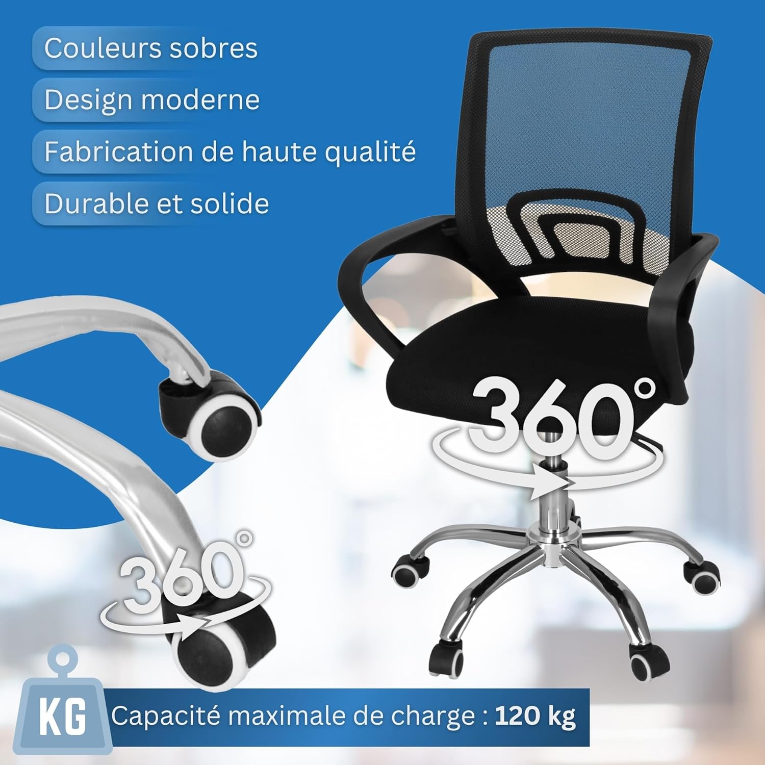 SPRINGOS - chaise de bureau réglable - ergonomie tissu micro-rapide, pied chromé, roulettes silicone, max 120kg