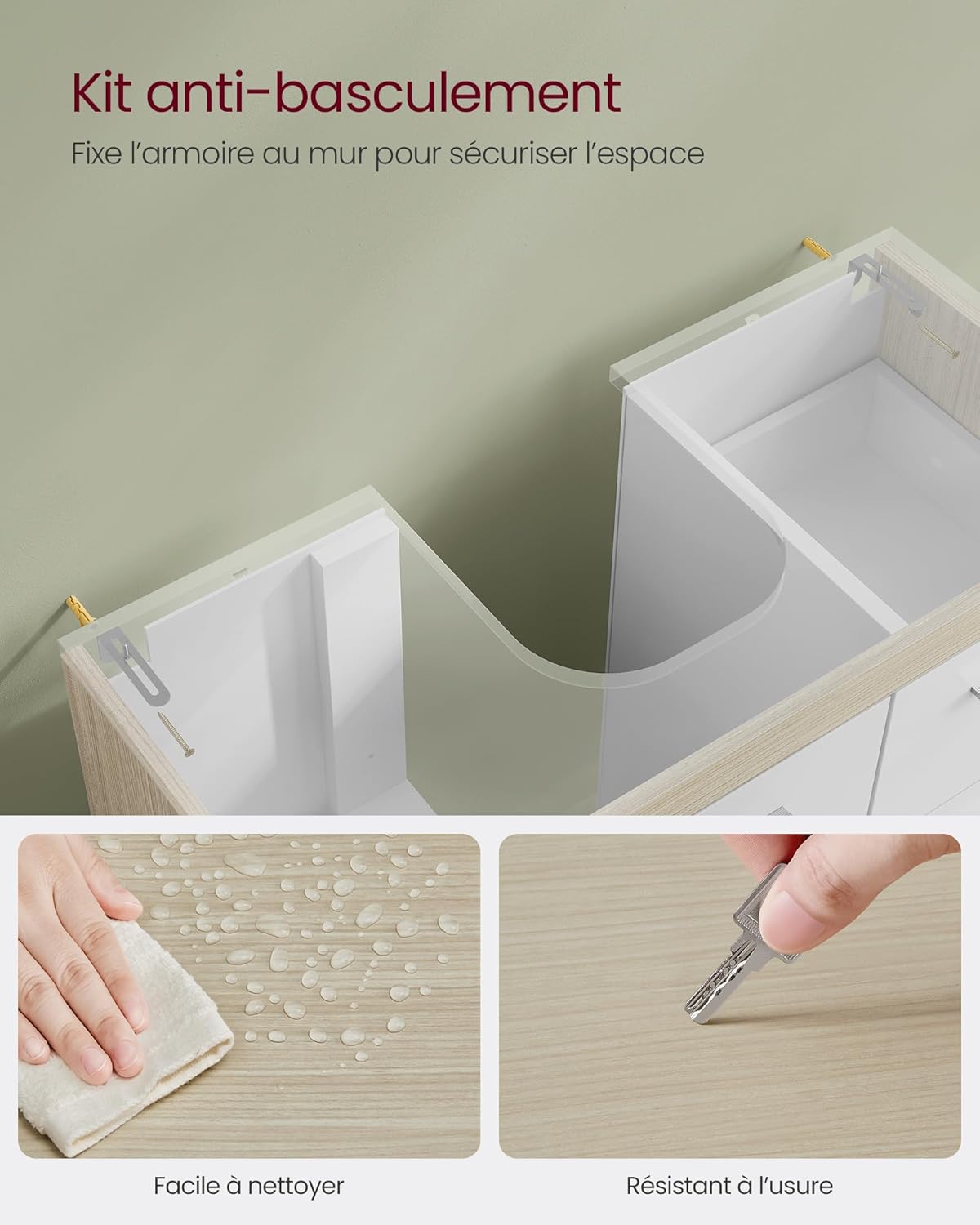 VASAGLE - meuble sous lavabo, 30x70x64 cm, 3 tiroirs, 2 cases, BBK504K01