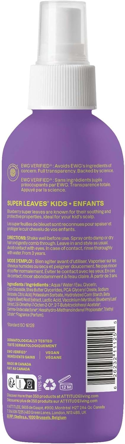 ATTITUDE - Démêlant Enfant Sans Rinçage 240mL - Végan, parfum vanille-poire