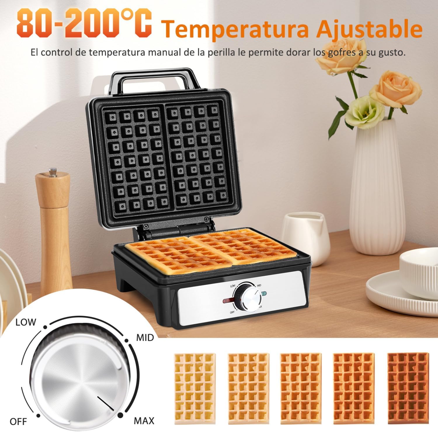 Aigostar - Gaufrier inox 1600W, 20,2x17,2x2 cm, plaques antiadhésives, température réglable