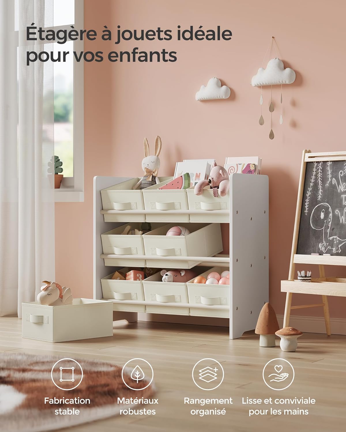 SONGMICS - étagère à jouets enfants - 29,5x62,5x60 cm - 9 boîtes tissu, rangement spacieux, blanc nuage GKR033W10