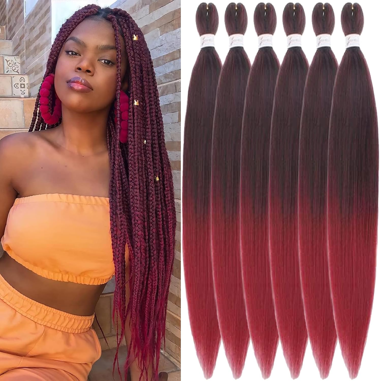 Rajout Cheveux Tressés - synthétiques 30 pouces - ombré rouge/noir, pré-étirés, 6 paquets, tresses africaines - T1B/900#
