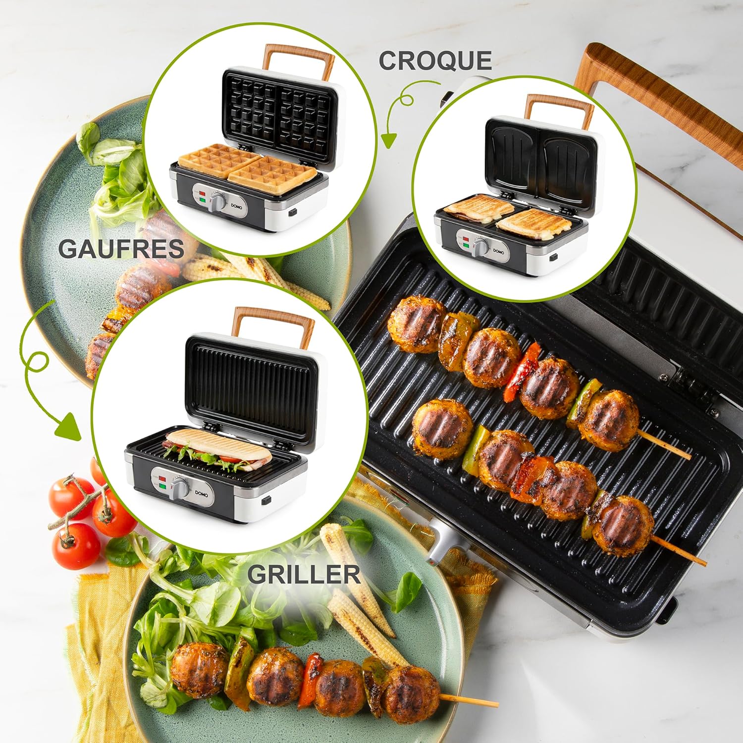 DOMO - Snackmaker 3 en 1, plaques interchangeables, 1100W, blanc, DO9277C