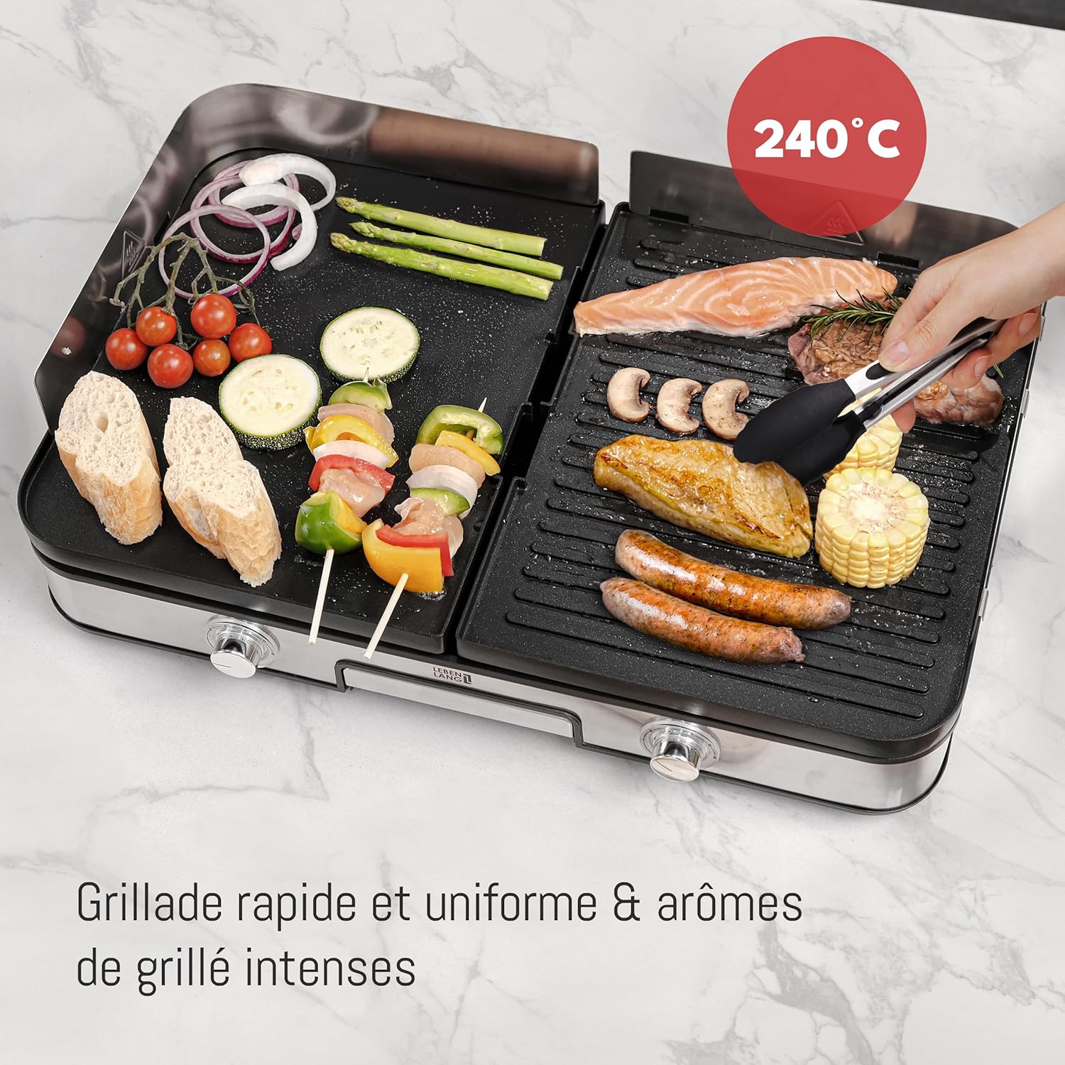 LEBENLANG - Plancha électrique inox XXL - 2400W, usage intérieur/extérieur, protection éclaboussures, pince incluse - LE
