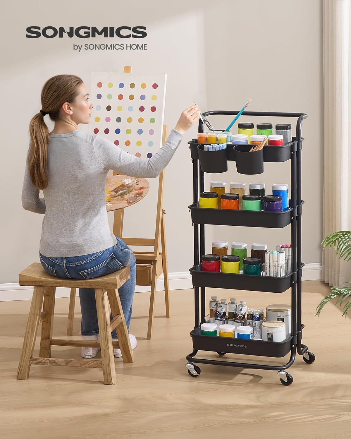 SONGMICS - Chariot 4 niveaux, roulettes, poignée, 2 pots, freins, 59x39x86 cm - BSC077BZ01