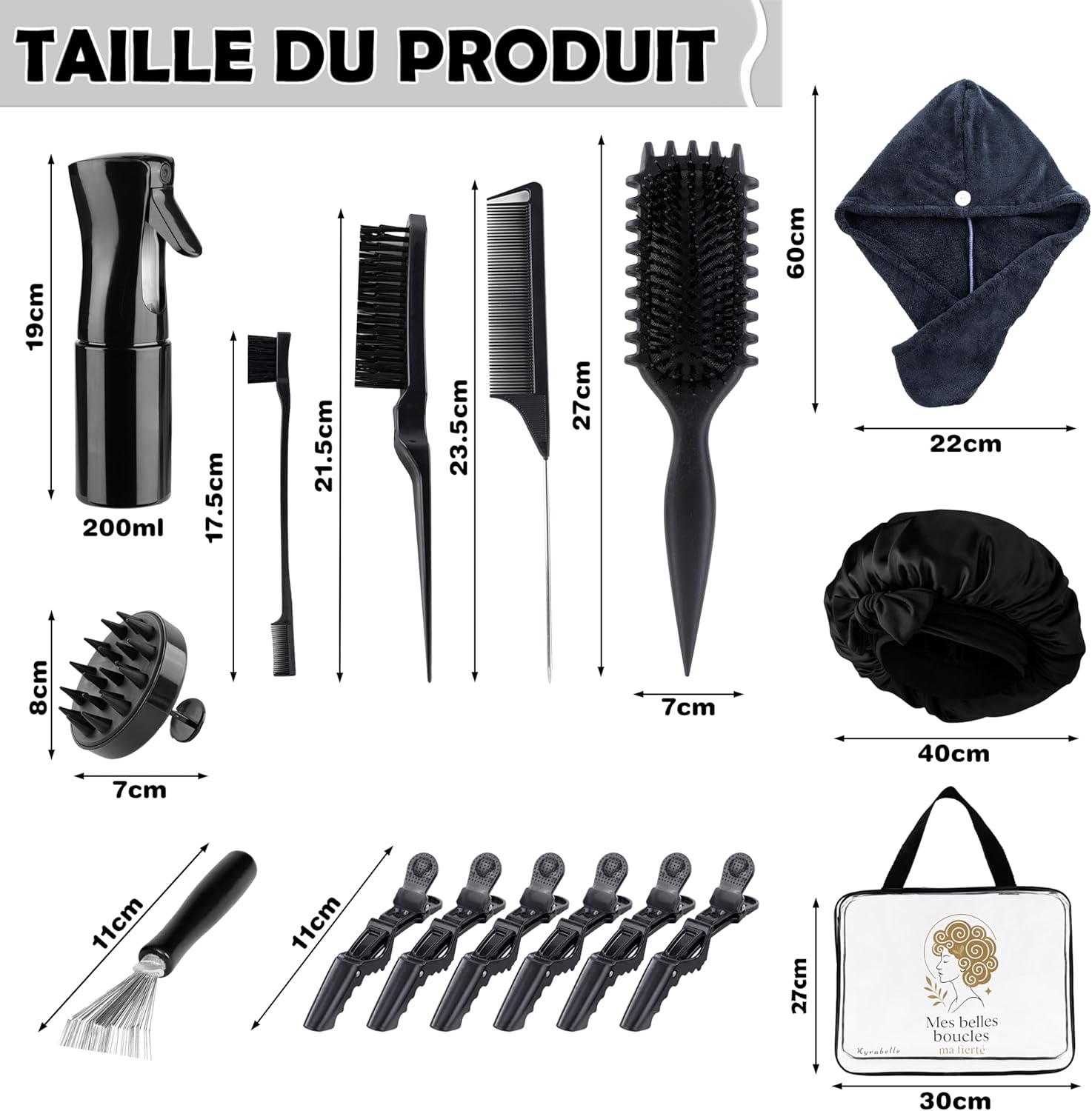 Kit Cheveux Bouclés - ensemble complet - brosse, bonnet satin, accessoires, anti-frisottis, sans chaleur