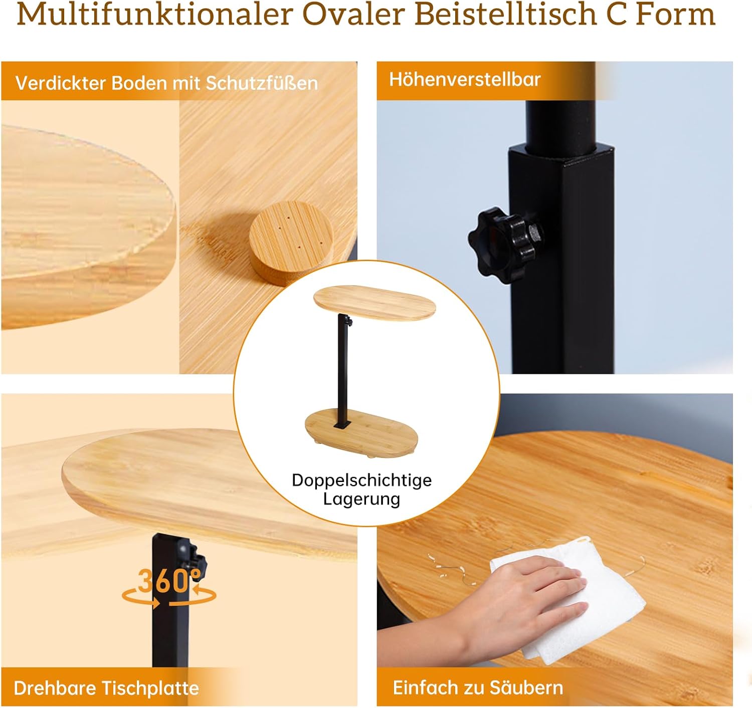 Table d'appoint C réglable - bambou/métal - petite taille, multi-usage