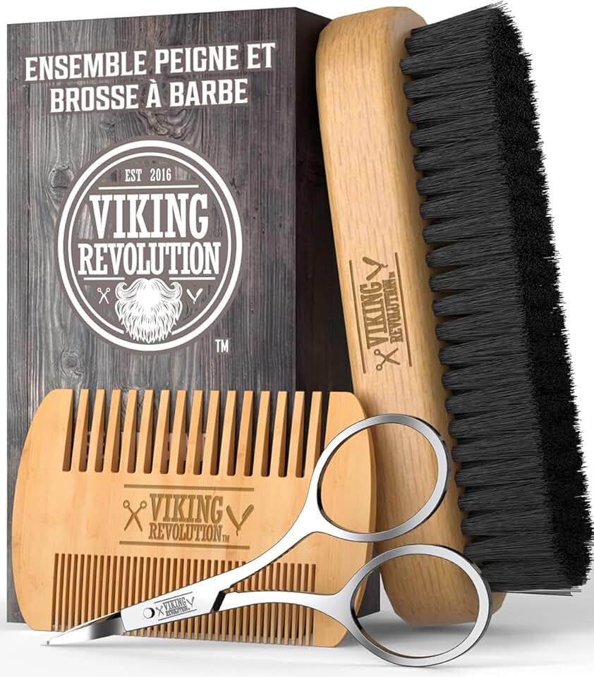 Viking - Brosse à barbe série naturelle - poils sanglier, peigne bois, pochette velours