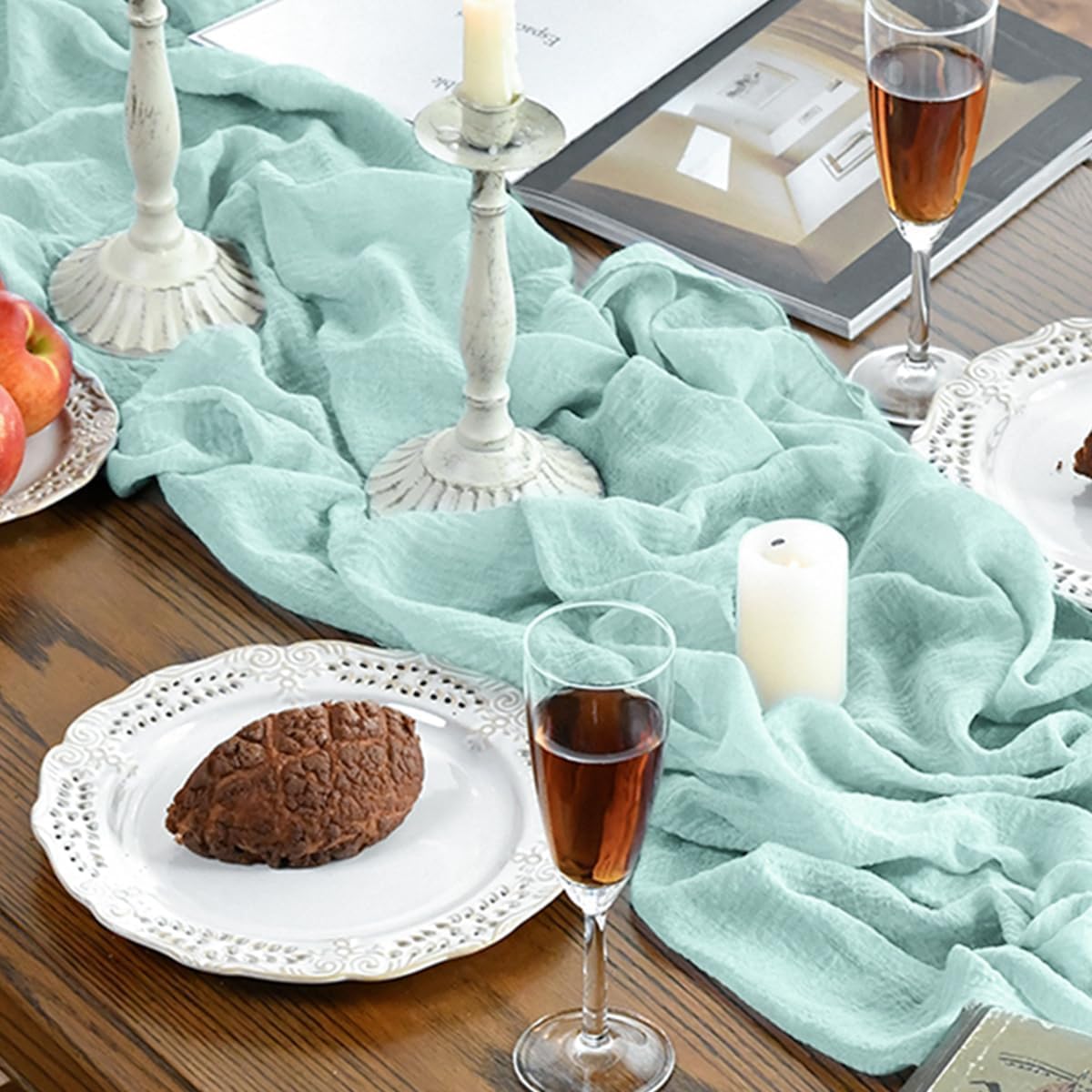 Artoid Mode - Chemin de table Bohème - 300 cm - Gaze mousseline menthe, décoration événements