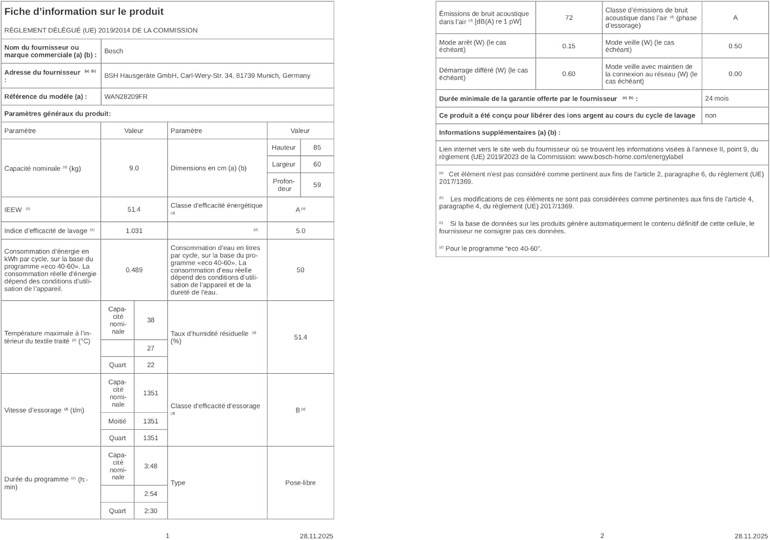 Bosch - Série 4 - 9 kg, 1400 trs/min, blanc, lave-linge hublot - WAN28209FR