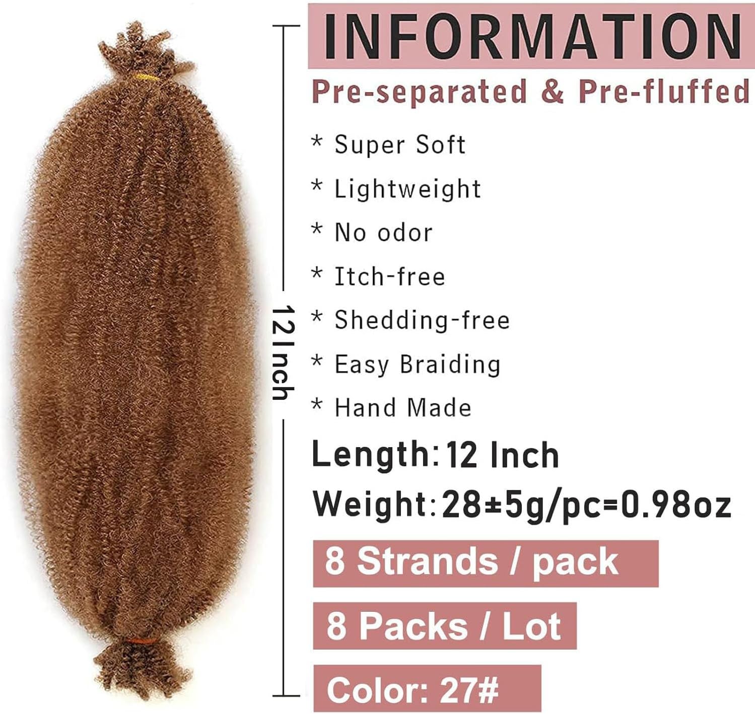 Xtrend - Springy Afro Twist Hair - 12 pouces - 8 packs, 8 mèches/pack, couleur 27#, pré-séparé, cheveux synthétiques