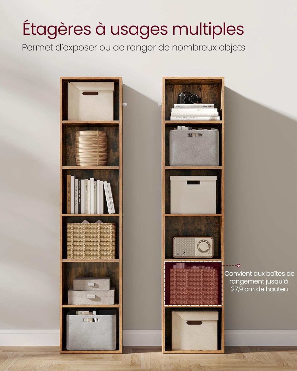 VASAGLE - Bibliothèque 6 niveaux 24x40x178,5 cm, rangement ouvert, marron rustique LBC167K01