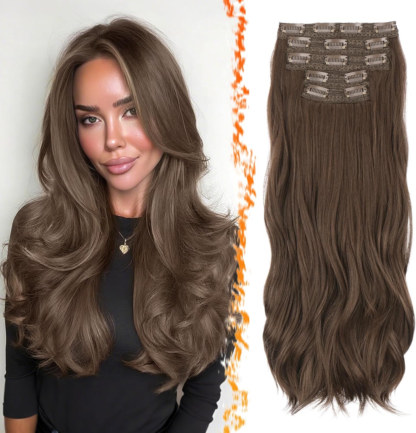 BARSDAR - Châtaigne Extension à Clip - 50cm - Ondulées, 5PCS, synthétique