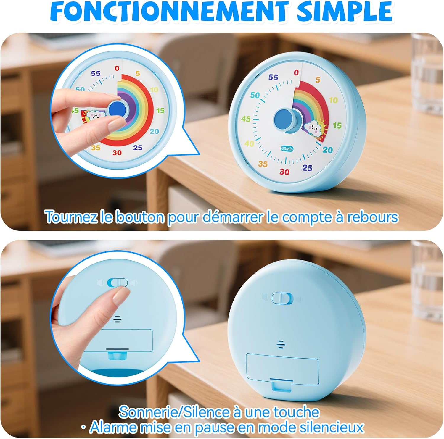 Minuteur visuel - modèle enfant - 60 min - compte à rebours, silencieux, motif arc-en-ciel