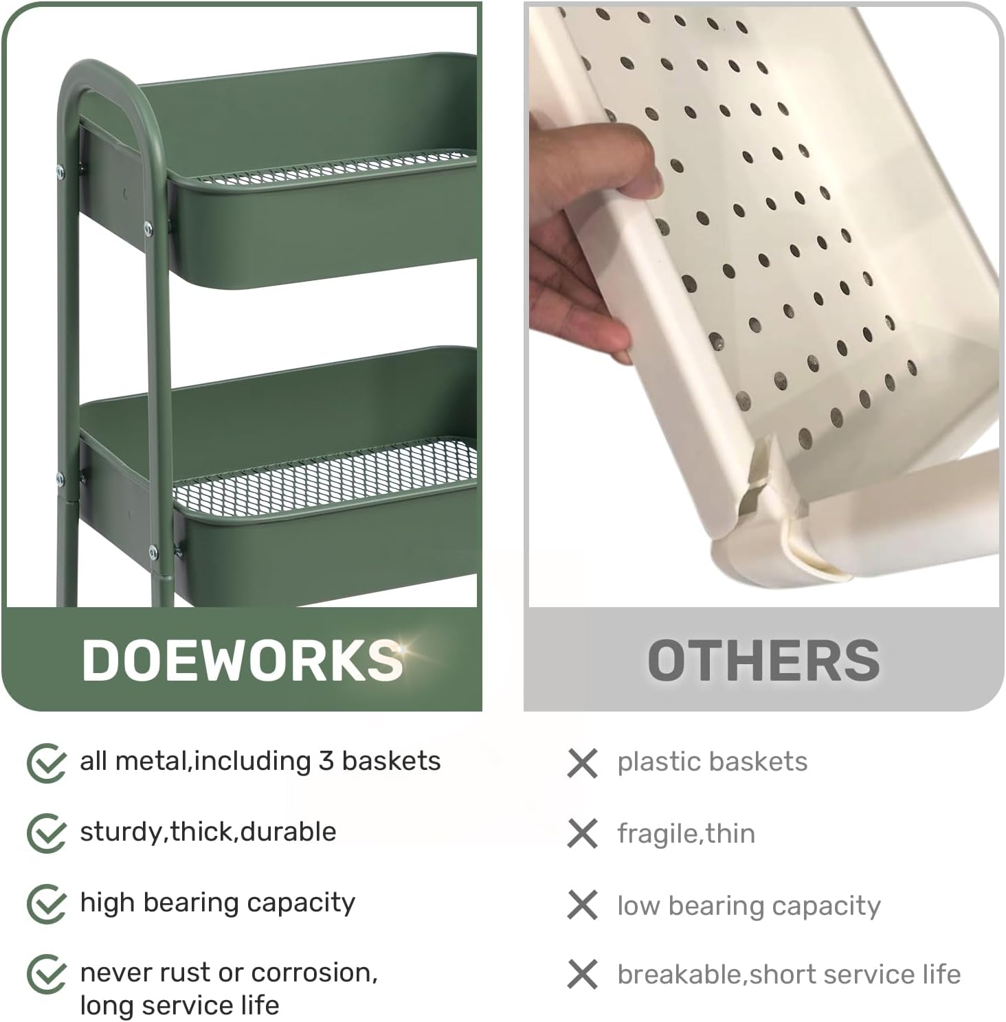 DOEWORKS - chariot à roulettes 3 niveaux métal, 43x36x86cm, vert herbe