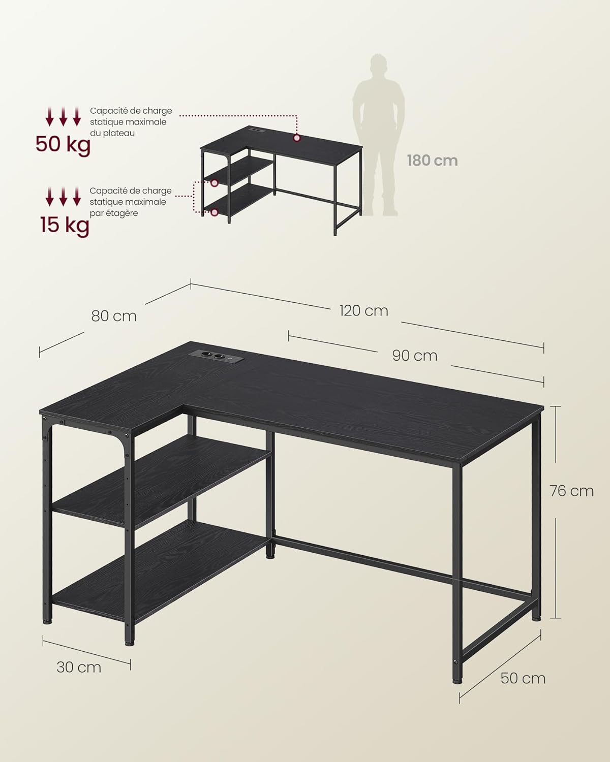 VASAGLE - Bureau L Gaming - 120x80 cm - rangement, prises USB - LWD132BE01