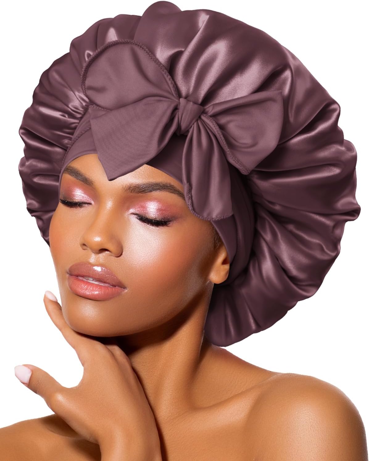 BONNET QUEEN - bonnet satin moyen - ajustable, elastique long, rouge brun